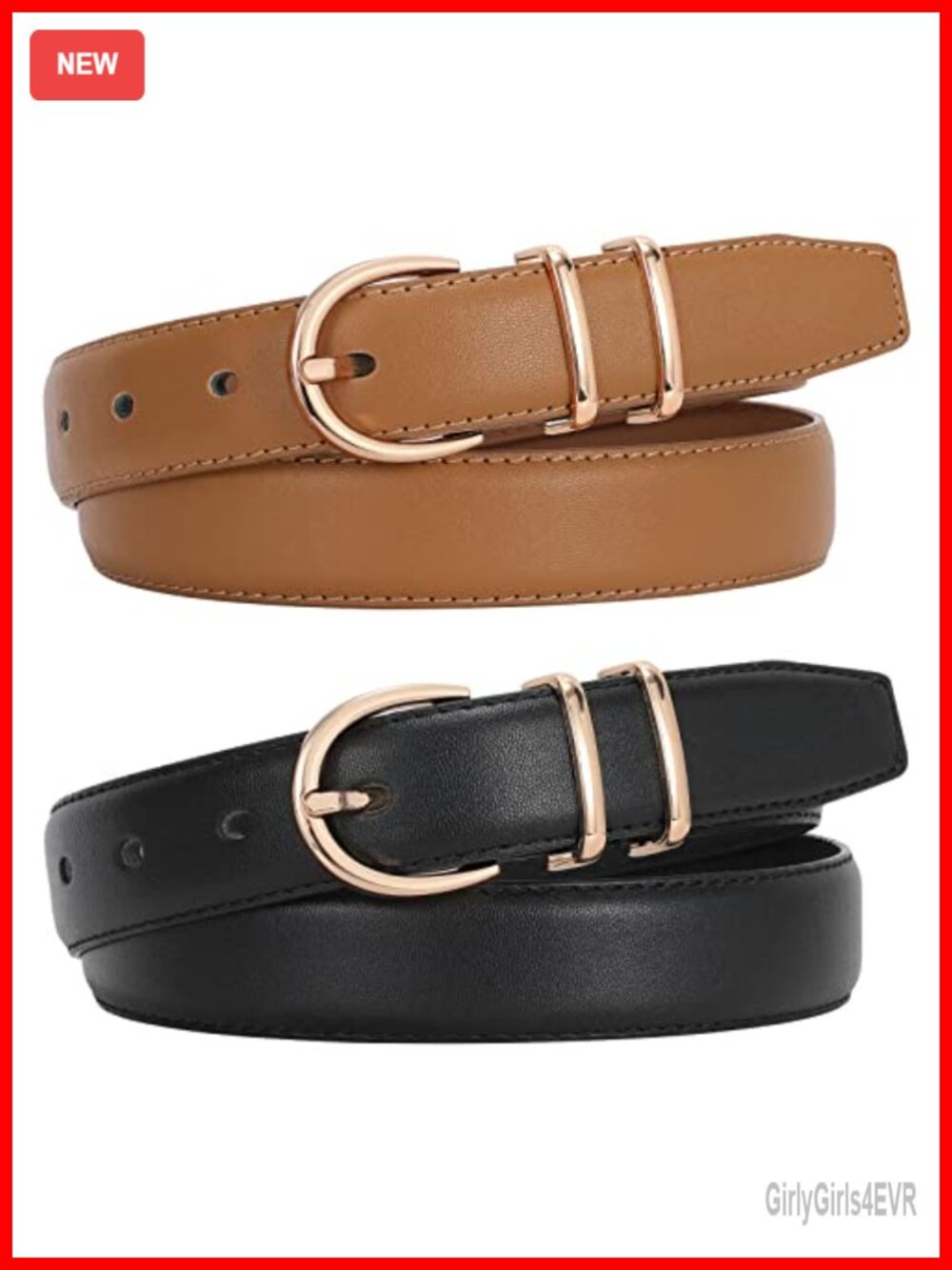 2 Pack Faux Leather Belt for Women with Gold Buckle, Adjustable Waist Belt for